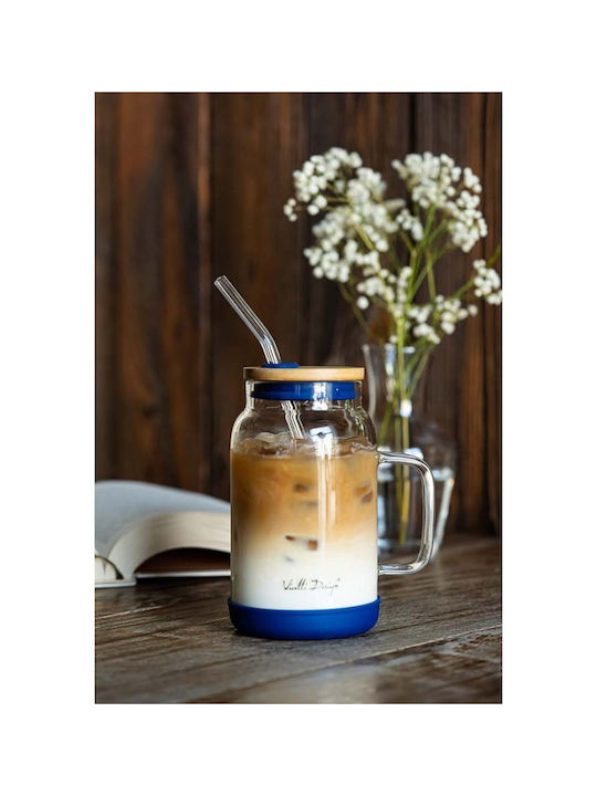 Vialli Design Glass Water made of Glass in Blue Color with straw 600ml