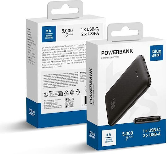 Blue Star W0539 Power Bank 5000mAh με 2 Θύρες USB-A και Θύρα USB-C Μαύρο