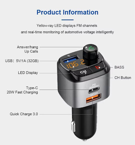 FM Transmitter Autovehicul cu USB / Bluetooth / Type-C