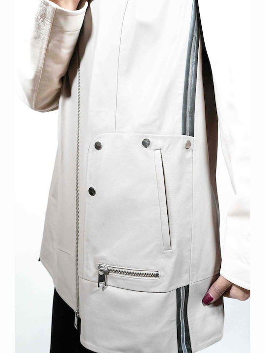 Women's Lifestyle Leather Jacket for Winter with Hood Beige