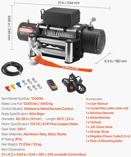 Vevor Electric 4x4 Car Winch 12V with Towing Capacity 5400kg