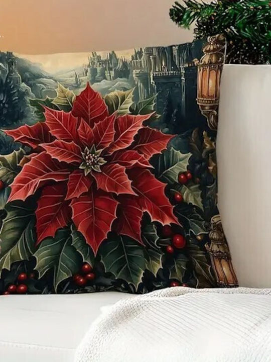By Queen Limited Festive Edition Pillow Case Peach Skin Velvet With Poinsettia Design 45x45cm