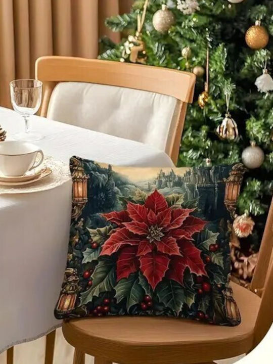 By Queen Limited Festive Edition Pillow Case Peach Skin Velvet With Poinsettia Design 45x45cm