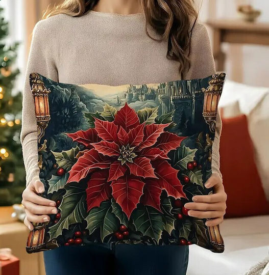 By Queen Limited Festive Edition Pillow Case Peach Skin Velvet With Poinsettia Design 45x45cm