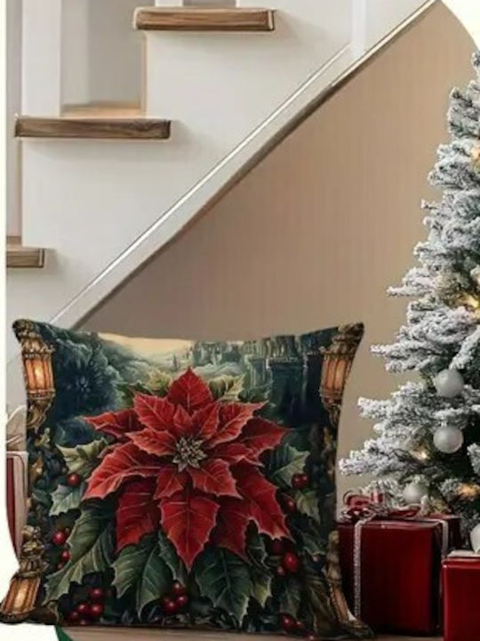 By Queen Limited Festive Edition Pillow Case Peach Skin Velvet With Poinsettia Design 45x45cm