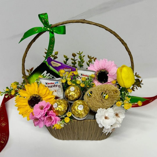 Coș Delice Praline Ferrero Rocher Joe Motto Wafer Kinder Country Bare Ciocolată Flori Artificiale Decorative Maro