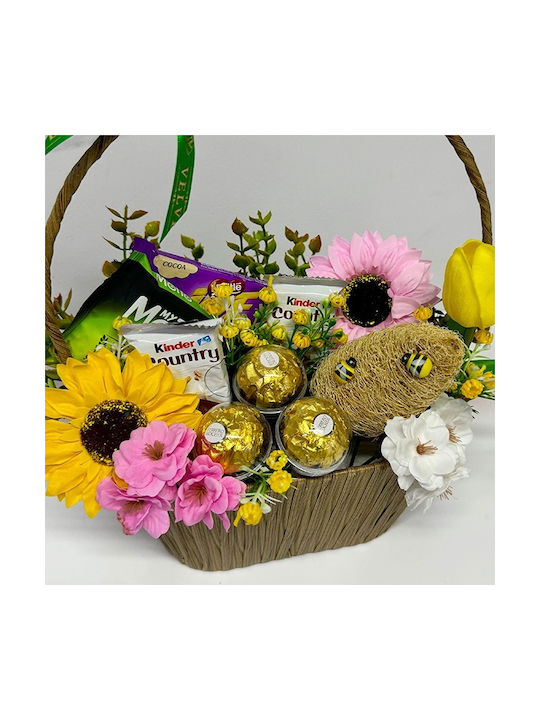 Coș Delice Praline Ferrero Rocher Joe Motto Wafer Kinder Country Bare Ciocolată Flori Artificiale Decorative Maro