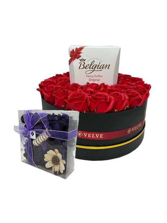 Aranjament Floral În Cutie Rotundă Trandafiri Săpun Trufe Belgiene Flori Uscate Parfumate Roșii