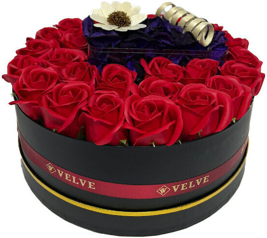 Floral Arrangement In A Round Box 27 Soap Roses Flowers Raffaello Pralines 40g Kinder Bueno 43g Kitkat Bar 80g Scented Dried Red Flowers