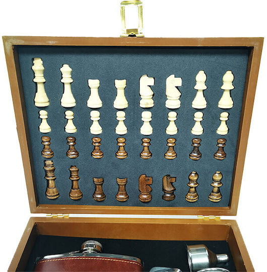 Set Cadou pentru Bărbați Vlv Cutie Piese de Șah Tirbușon Sticlă de Băut Pahare Înfășurate în Piele Ecologică Maro 26x22x8cm