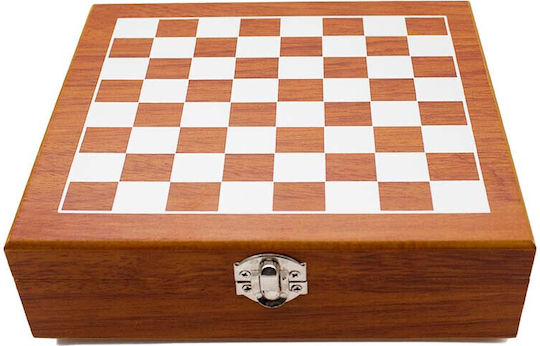 Set Cadou pentru Bărbați Vlv Cutie Piese de Șah Tirbușon Sticlă de Băut Pahar Îmbrăcată în Eco-piele Maro 20x18x6cm