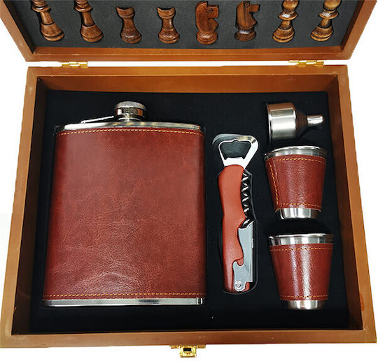 Set Cadou pentru Bărbați Vlv Cutie Piese de Șah Tirbușon Sticlă de Băut Pahare Înfășurate în Piele Ecologică Maro 26x22x8cm