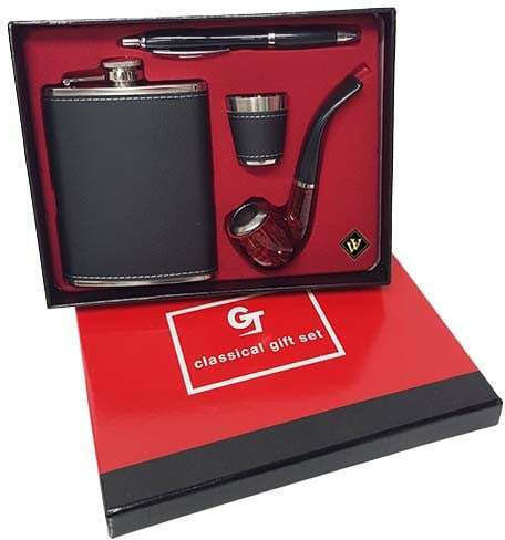 Men's Gift Set Vlv 4 Pieces Including Flask Pipe Pen Glass Black