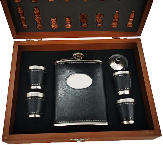Set Giftsdrink Men Box Piesă de Șah Ploscă 4 Pahare Acoperite cu Piele Ecologică Negre