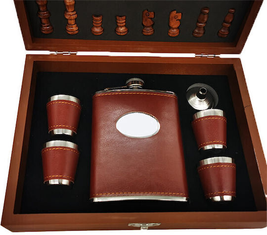 Set Men Box Givesdrink Piese Șah Flask 4 Pahare Acoperite Cu Piele Ecologică Maro