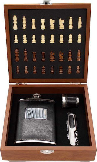 Set Cadou Bărbați Vlv Cutie Piese Șah Tirbușon Sticlă de Băut Pahar Înfășurat în Eco-piele Neagră 20x18x6cm