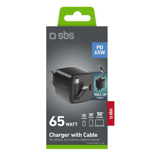 SBS Зарядно с вграден кабел GaN с USB-C порт USB-C 65W Power Delivery Черен (TETRRET65WK)