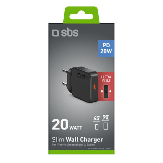SBS Charger Without Cable GaN with USB-C Port 20W Power Delivery Blacks (Ultra-Slim)