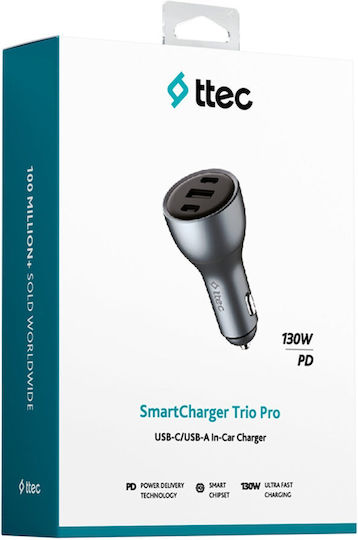 TTEC Încărcător Auto 130W Cu Încărcare Rapidă Cu Porturi 1xUSB 2xType-C Culoare Neagră