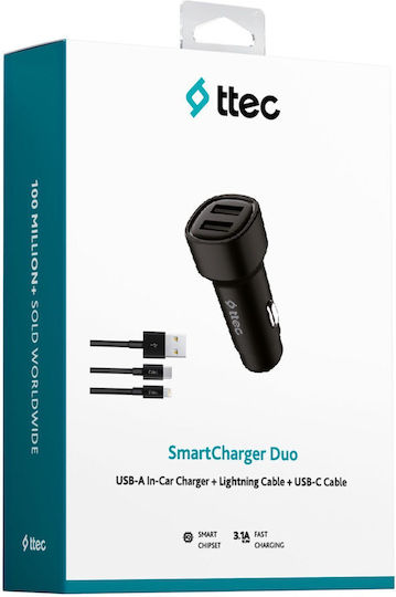 TTEC Φορτιστής Αυτοκινήτου 5W με Θύρες: 2xUSB μαζί με Καλώδιο Lightning / Type-C Μαύρο Χρώμα