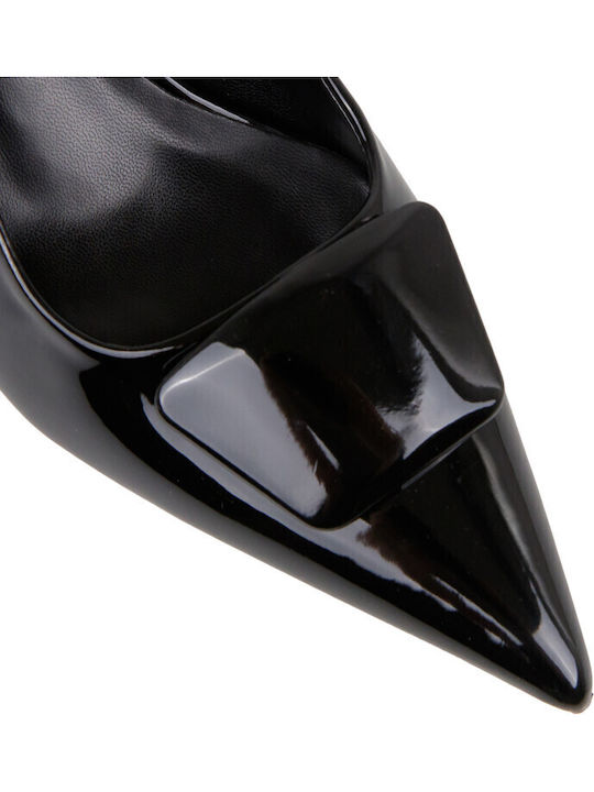Patent Leather Pointed Toe Black Heels with Strap
