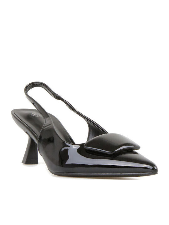 Patent Leather Pointed Toe Black Heels with Strap