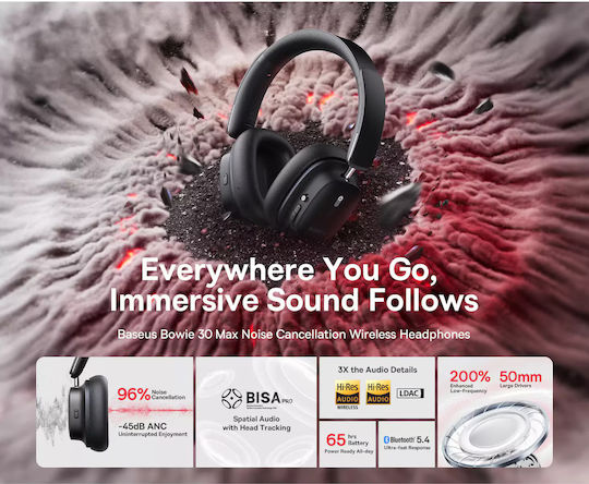 Baseus Bowie 30 Max Ασύρματα Bluetooth Over Ear Ακουστικά με 65 ώρες Λειτουργίας Μαύρα