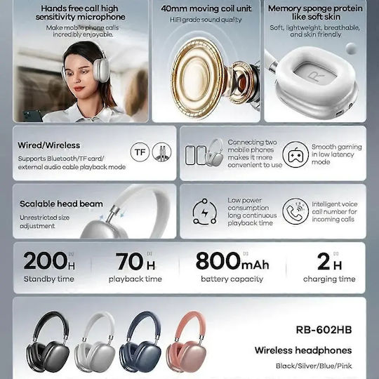 Remax RB-602HB Wireless / Wired Over Ear Headphones with 70 hours of Operation Pink