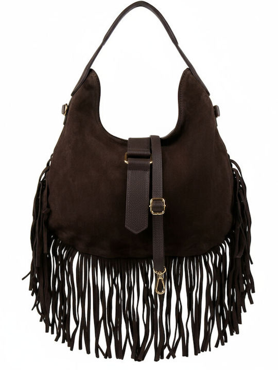 Leather Women's Hobo Bag Suede with Fringes Dark Brown
