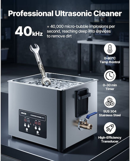 Vevor Καθαριστής Υπερήχων 15lt Inox με Μηχανικό Χρονοδιακόπτη