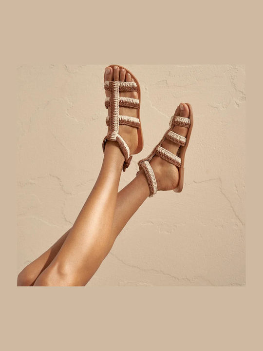 Leather Women's Flat Sandals Gladiator in Beige Color