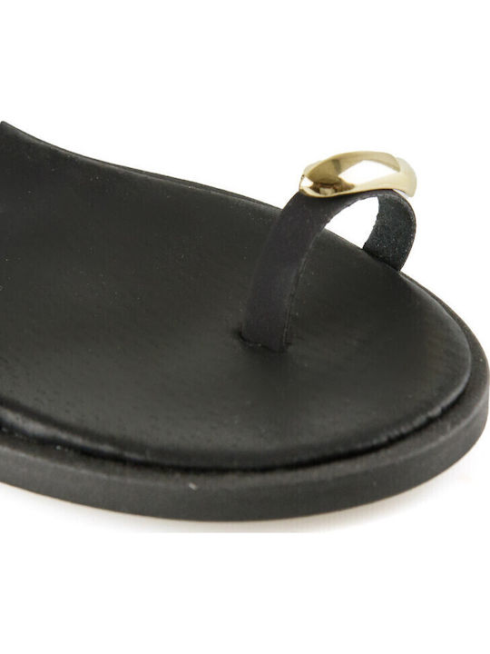 Leather Women's Flat Sandals in Black Color