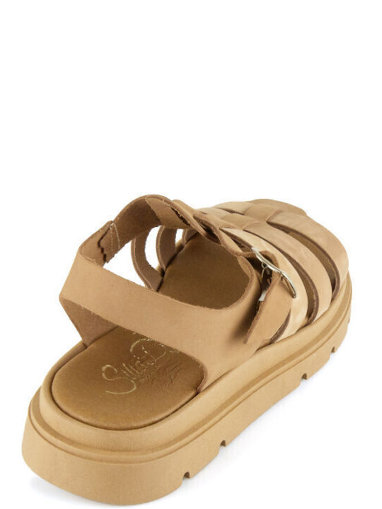 Leather Women's Flat Sandals Gladiator Flatforms in Brown Color