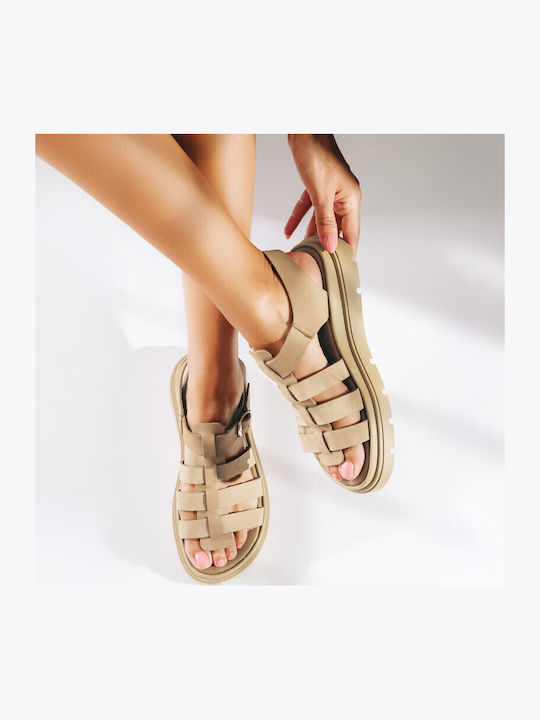 Leather Women's Flat Sandals Gladiator Flatforms in Brown Color