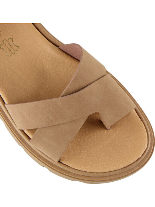 Δερμάτινα Γυναικεία Σανδάλια Flatforms Καφέ