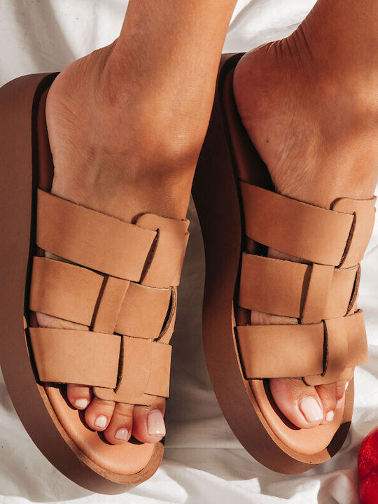 Кожени Дамски Сандали Flatforms Кафяв