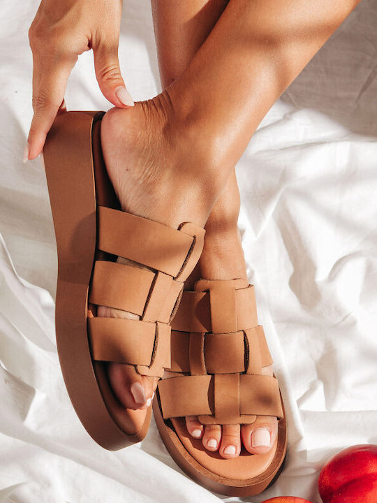Кожени Дамски Сандали Flatforms Кафяв