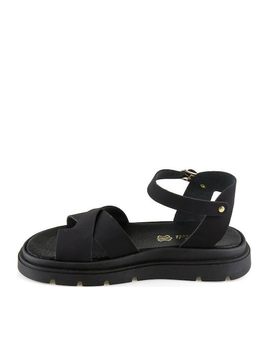 Leather Women's Flat Sandals Flatforms in Black Color