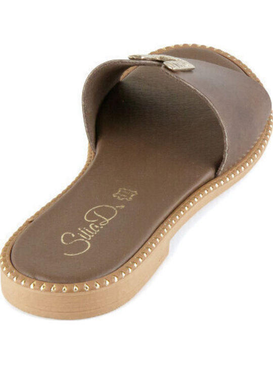 Leather Women's Flat Sandals in Brown Color