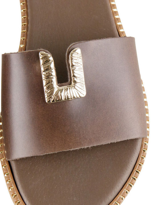 Leather Women's Flat Sandals in Brown Color