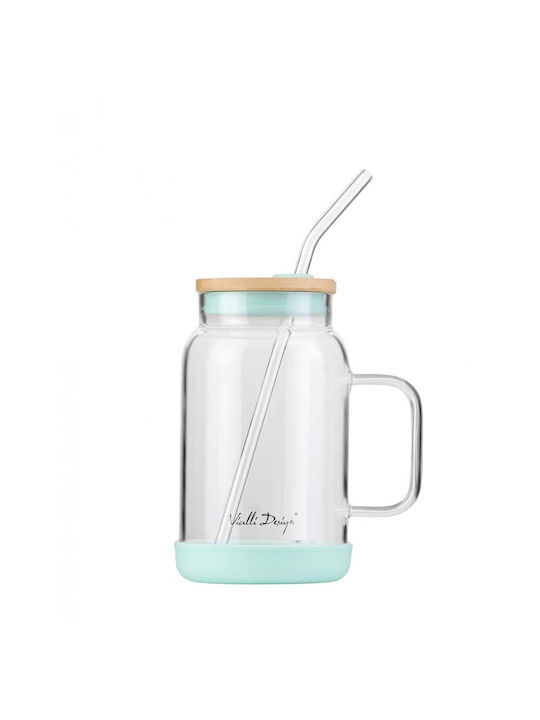 Vialli Design Glass Water made of Bamboo in Green Color with straw 600ml