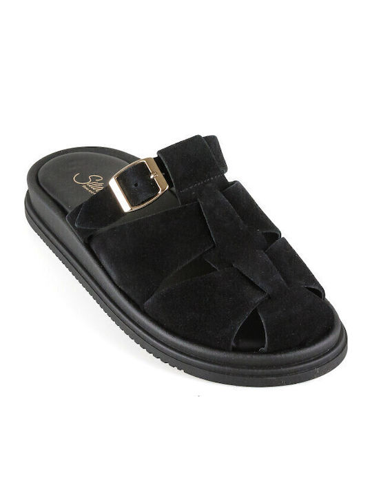 Leder Flache Sandalen für Damen Flatforms in Schwarz Farbe