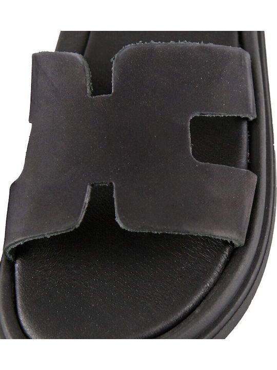 Leather Women's Flat Sandals Flatforms in Black Color