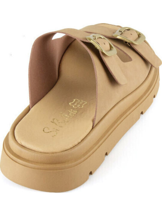 Leather Women's Flat Sandals Flatforms in Brown Color