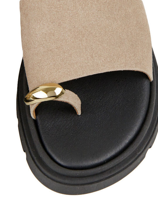Leather Women's Flat Sandals Flatforms in Brown Color