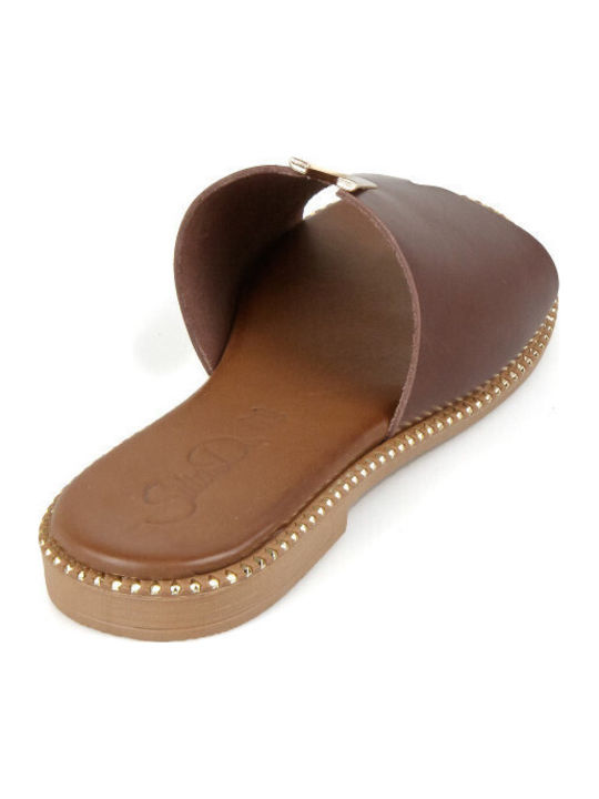 Leather Women's Flat Sandals in Brown Color