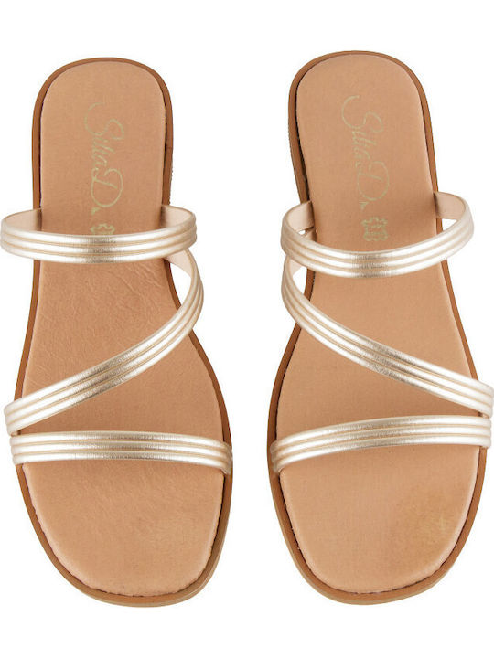 Leather Women's Flat Sandals in Gold Color