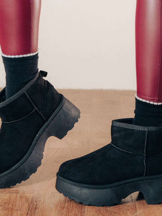 Suede Women's Ankle Boots with Fur Black