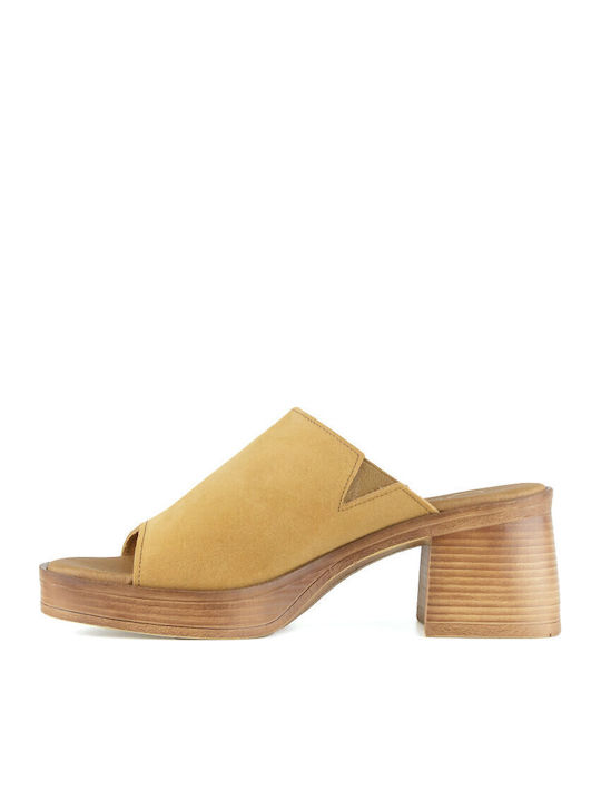 Leather Mules with Chunky Heel in Brown Color