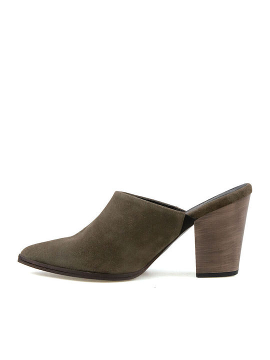 Leder Mules mit Hoch Absatz in Khaki Farbe